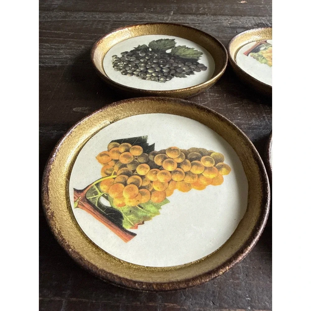 Horchow Italian Florentine Gilt Wood Grape Coasters Set of 6 Made in‎ Italy